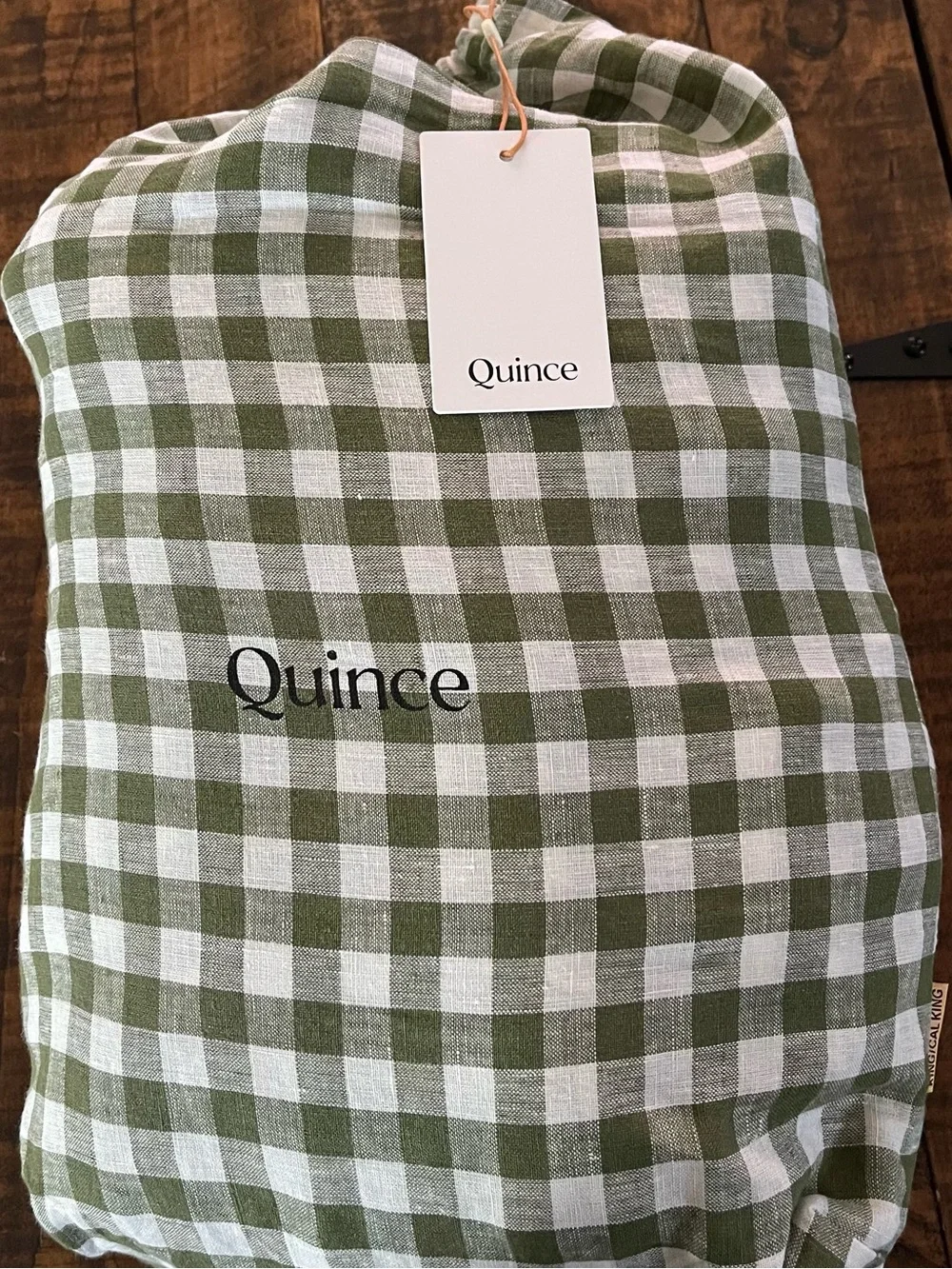 NWT Quince European Linen Gingham 3 Pc Duvet Cover Set, King/Cal (Olive)
